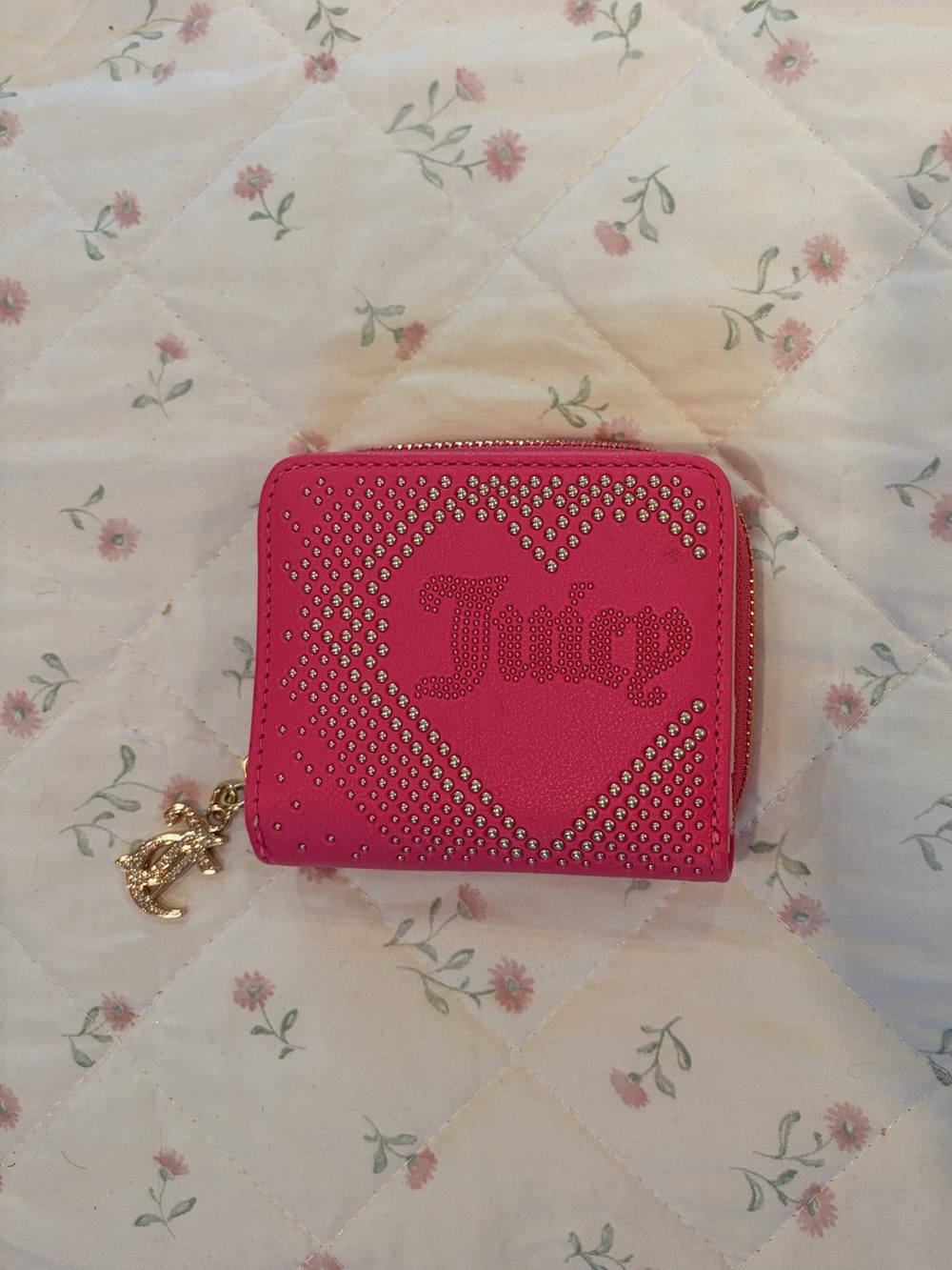 Juicy Couture Hot Pink Heart Stud Zip Wallet with Gold Charm